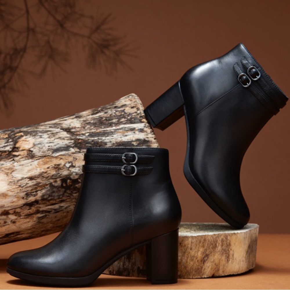 Clarks Black Leather Ankle Booties with Double Buckle